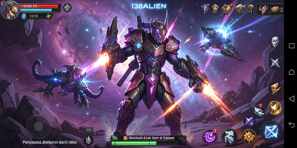 Screenshot menunjukkan aksi pertempuran luar angkasa yang mendebarkan di 138ALIEN.