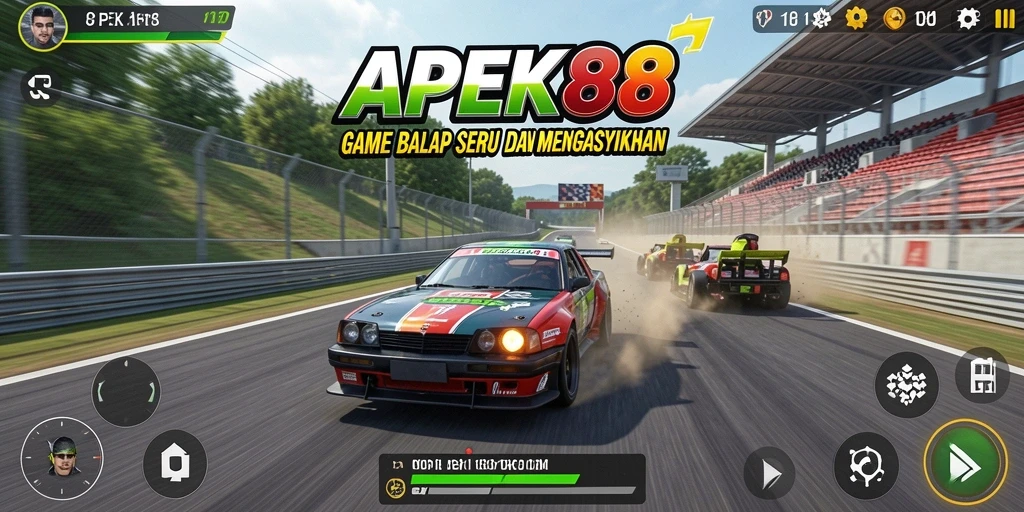 Tampilan gameplay menegangkan dari APEK88 dengan mobil balap yang melaju kencang.