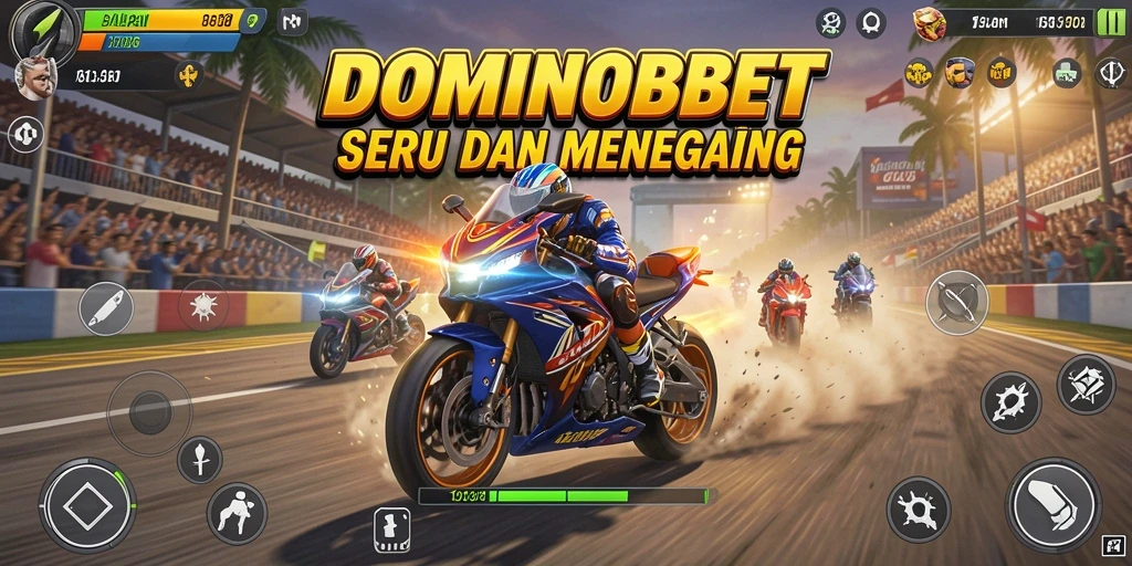 Screenshot gameplay DOMINOBET menampilkan balapan motor yang mendebarkan dan penuh aksi.