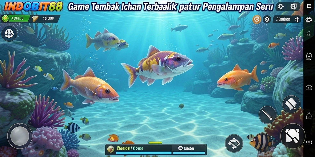 Screenshot gameplay INDOBIT88 dengan aksi menembak ikan.