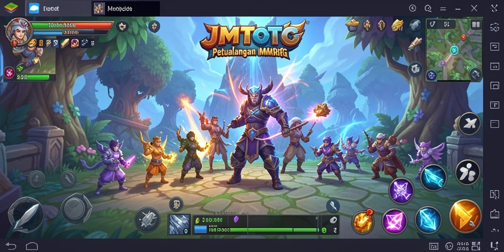 Screenshot gameplay JMTOTO menampilkan aksi pertarungan epik dalam dunia MMORPG.