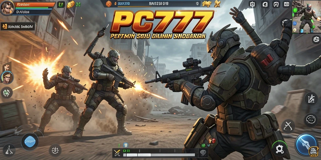 Screenshot utama PC777 menunjukkan gameplay aksi tembak-menembak yang intens.