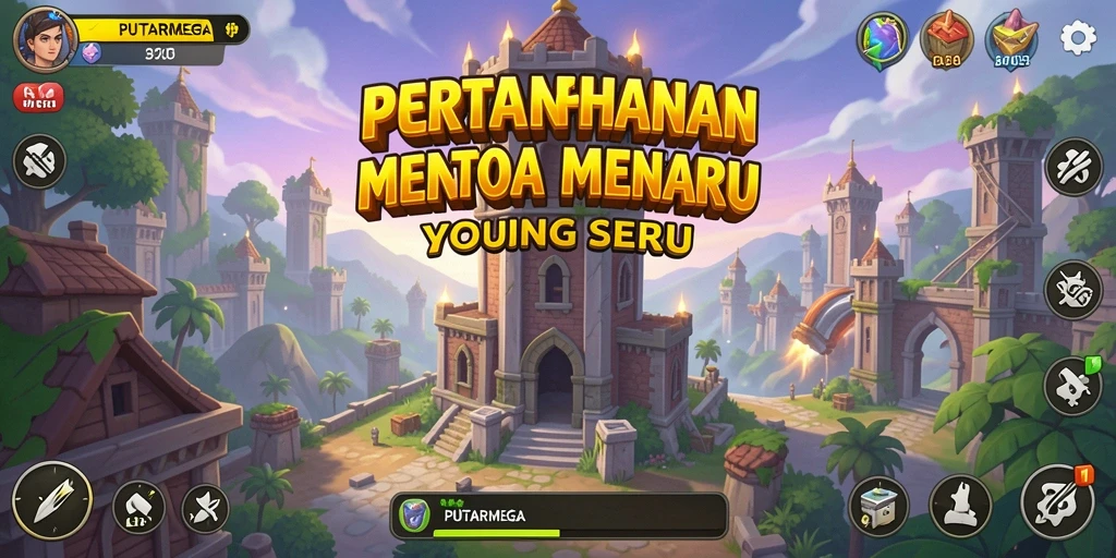 Tampilan gameplay PUTARMEGA yang menarik dengan menara dan musuh bertarung.