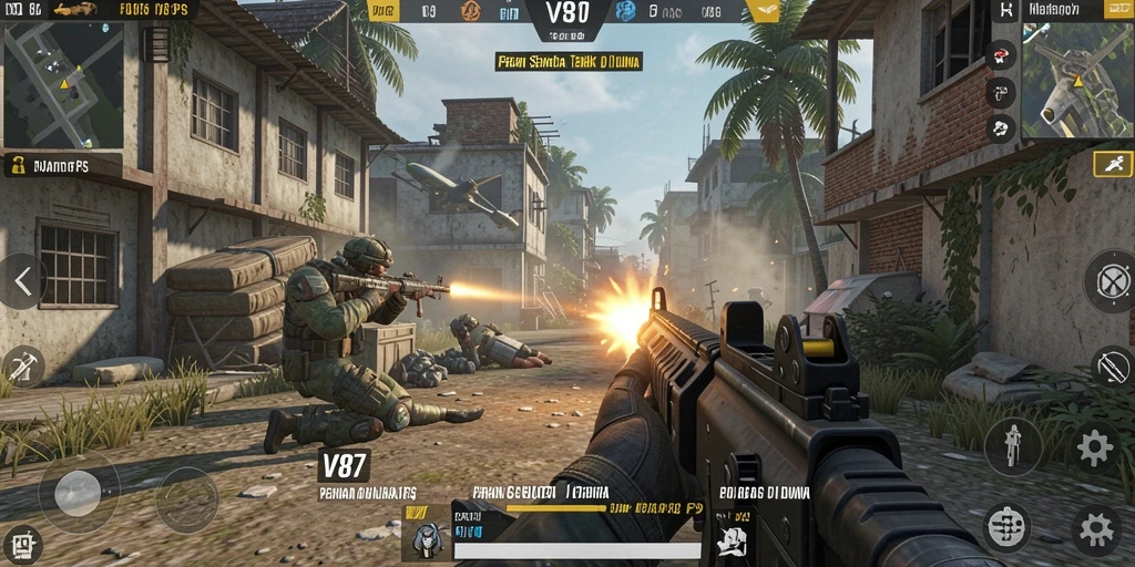 Tampilan aksi mendebarkan dari gameplay V87 dalam mode FPS.